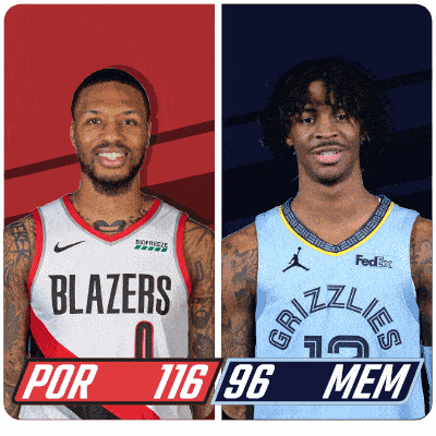 a blazers player and a grizzlies player are standing next to each other
