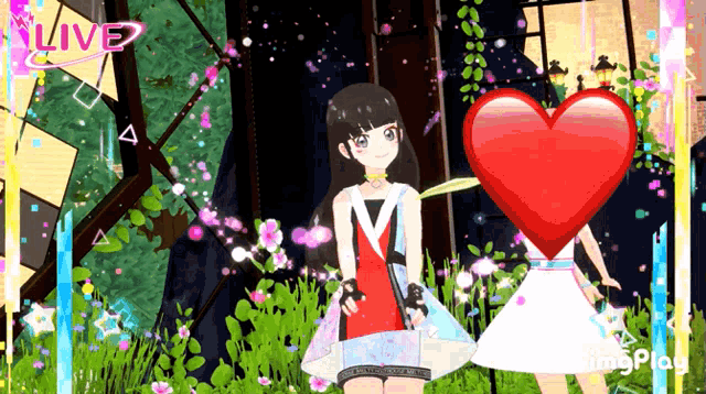 a girl in a red dress stands next to a girl in a white dress with a red heart behind them and a live sign
