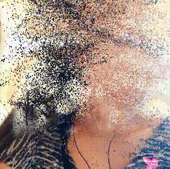 a pixelated image of a woman 's face with a pink heart on her shirt