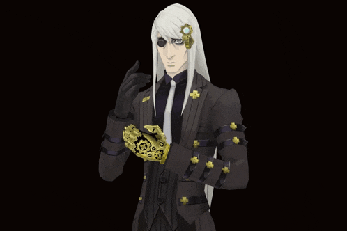 a drawing of a man with long white hair wearing a suit