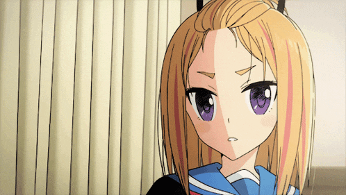 a cartoon girl with blonde hair and purple eyes looks angry