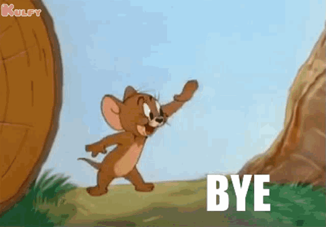 jerry from tom and jerry is waving his hand and saying bye in a cartoon .