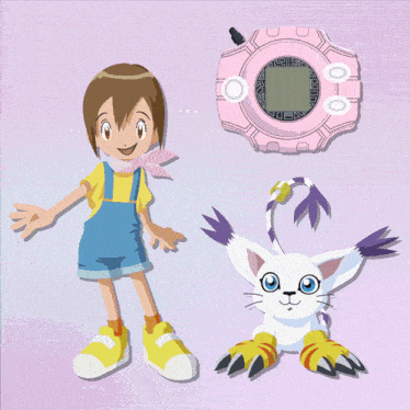 a girl and a cat are standing next to a pink device that says ' digimon ' on it