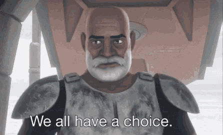 a bald man with a beard is standing in front of a building and saying `` we all have a choice . ''