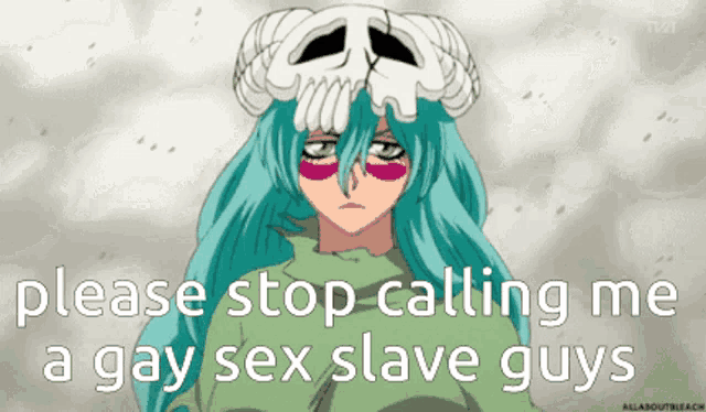 a picture of a girl with a skull on her head with the words please stop calling me a gay sex slave guys