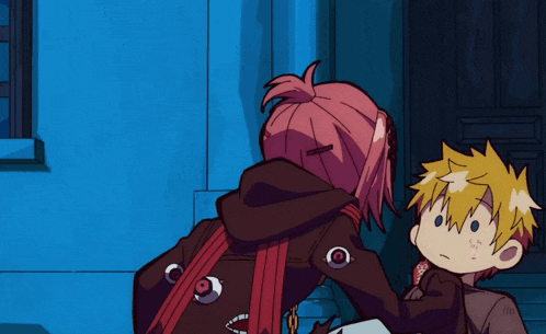 a girl with pink hair is standing next to a boy