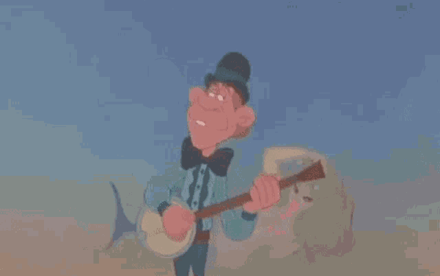 a cartoon man is playing a banjo with a mermaid behind him .