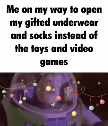 buzz lightyear from toy story is sitting in front of a string of christmas lights .