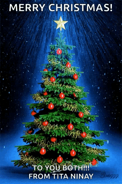a merry christmas card with a christmas tree and a star
