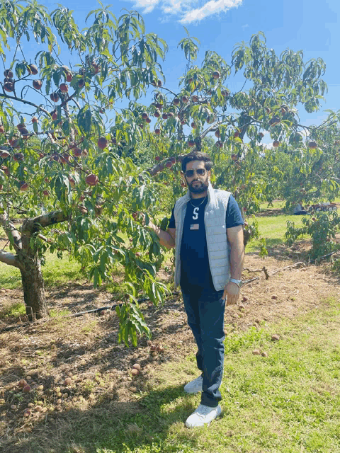 a man wearing a shirt with the letter s on it stands in front of a tree