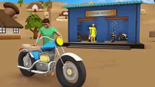 a man is standing next to a motorcycle in front of a building that says ' motorcycle workshop '
