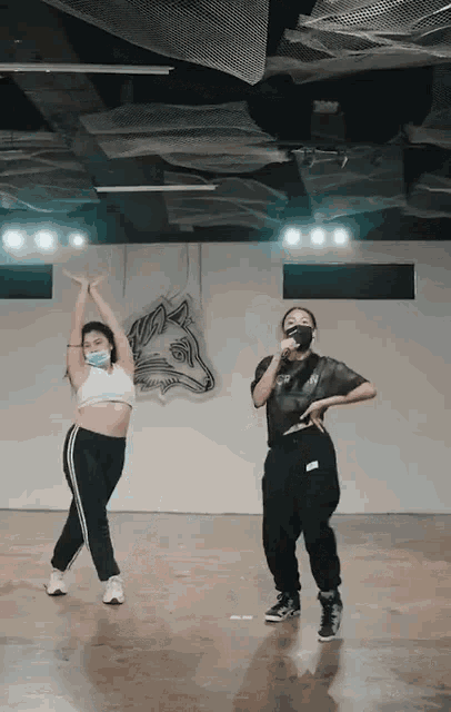 two women wearing face masks are dancing in a room