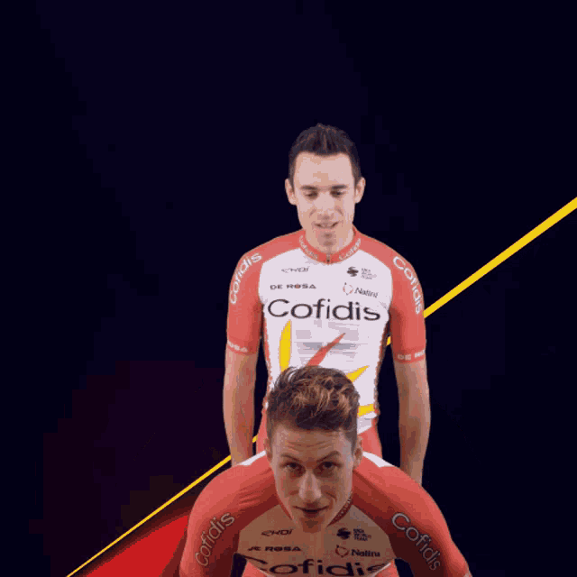 a man in a red and white cofidis jersey sits on another man 's shoulders