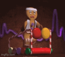 a gingerbread man with a bandage on his head is running on a treadmill