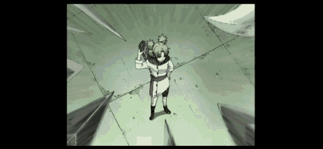 a girl in a white shirt and black shorts is standing in a room with a sword in her hand