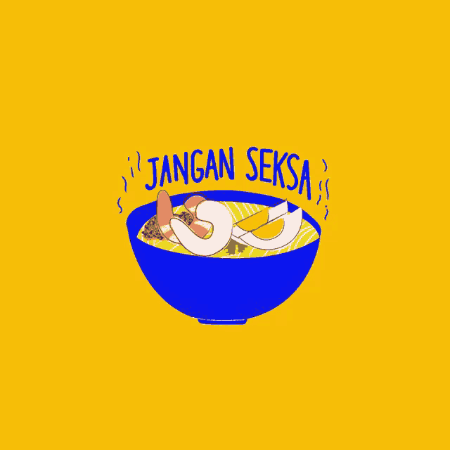 a blue bowl of noodles with the words jangan seksa masakah laksa written on it