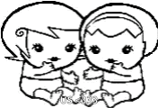 a black and white drawing of two babies sitting next to each other on a white background .