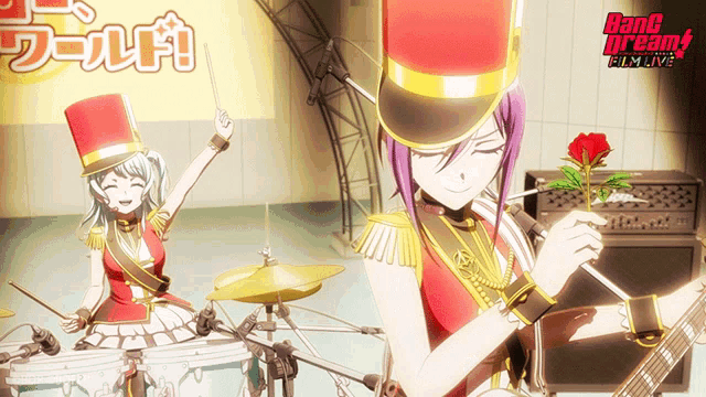 two anime girls are playing drums and one is holding a rose in front of a sign that says bang dream film live