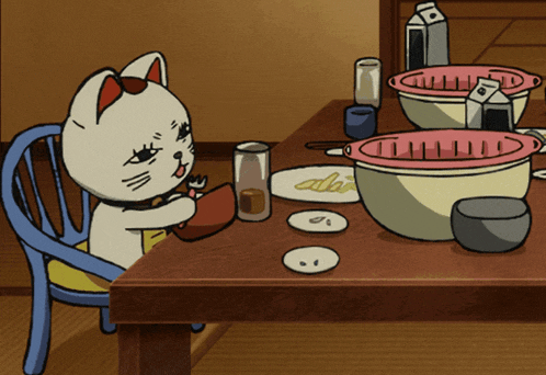 a cartoon cat is sitting at a table with bowls