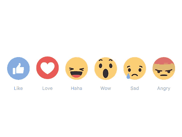 a row of smiley faces with the words like love haha wow sad and angry on the bottom