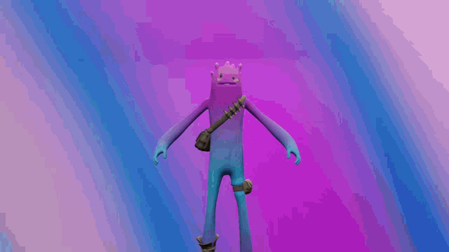 a cartoon character with a purple head and a purple bag on his back