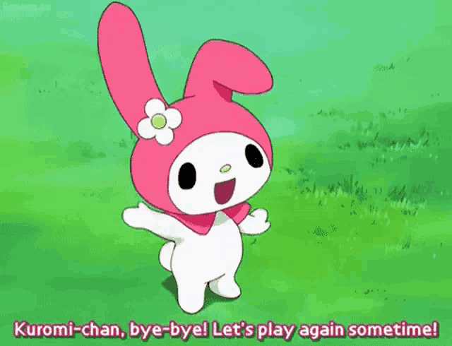 a pink and white bunny with a flower on its head is standing in the grass .