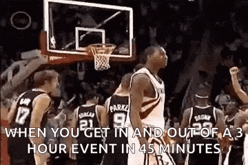 a group of basketball players are standing around a basketball hoop with a caption .