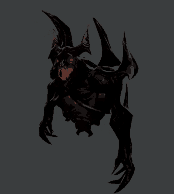 a black monster with red eyes and horns against a gray background