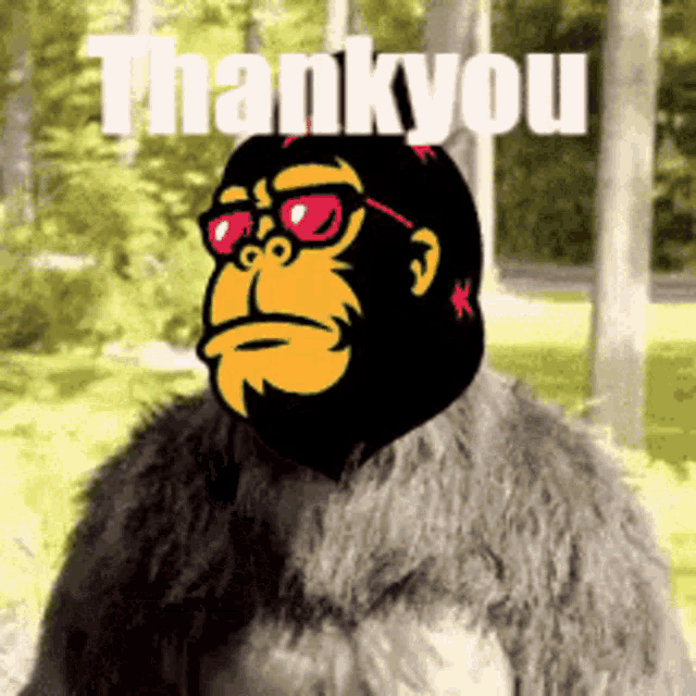 a picture of a gorilla with sunglasses and the words thank you on it