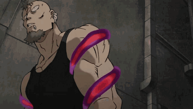 a man with a beard and a black tank top has purple rings on his arms