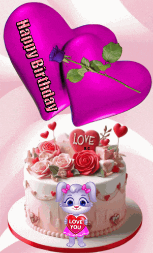 a birthday cake with two hearts and a bunny holding a heart that says love you