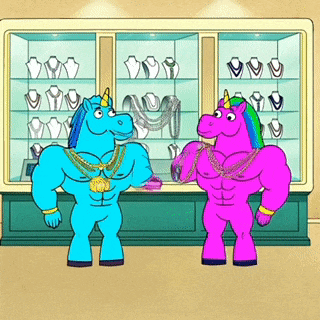 two cartoon unicorns standing next to each other in front of a jewelry display case