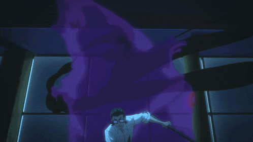 a cartoon of a man with glasses looking at a monster