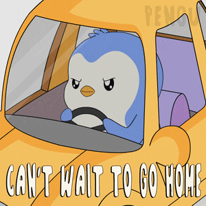 a penguin is driving a car with the words " can 't wait to go home " on the bottom