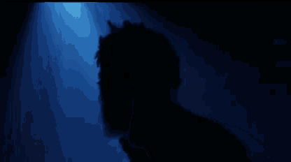 a silhouette of a person in the dark with a blue light shining on them .