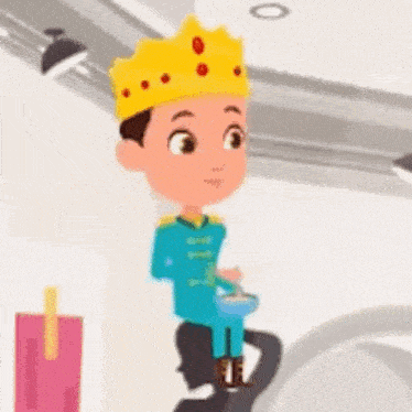 a cartoon boy wearing a crown is sitting on a man 's shoulders and holding a bowl of cereal .