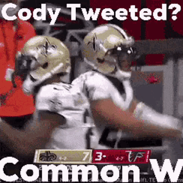 two football players are standing next to each other with the words cody tweeted ? common w written on the bottom .