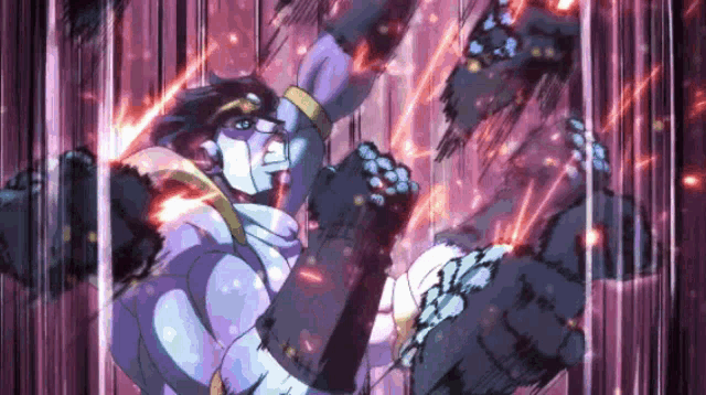 star platinum from jojo 's bizarre adventure is being kicked in the face by a person .
