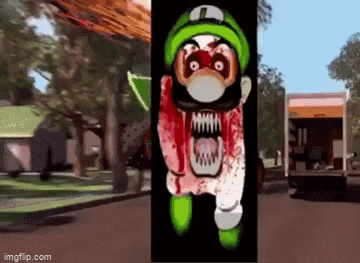 a cartoon character with blood coming out of his mouth is standing in front of a truck .