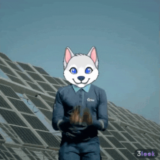 a cartoon of a man with a husky mask standing in front of a solar panel grid