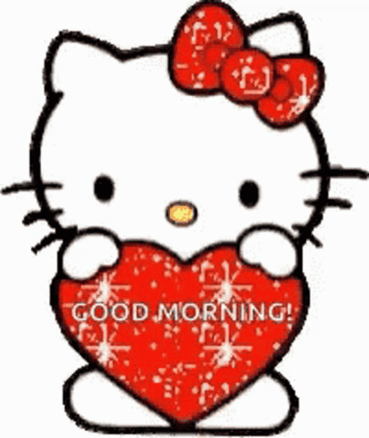 hello kitty is holding a red heart with the words `` good morning '' on it .
