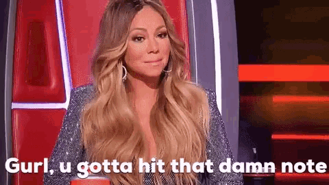 a woman with long blonde hair is sitting in a chair with the words " gurl u gotta hit that damn note " written below her