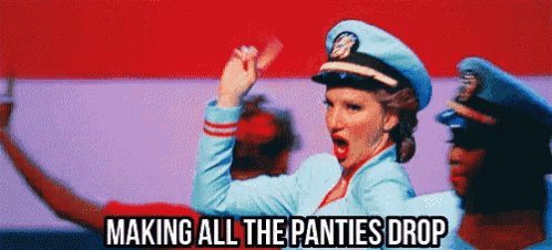 a woman in a military uniform is singing a song with the words making all the panties drop .