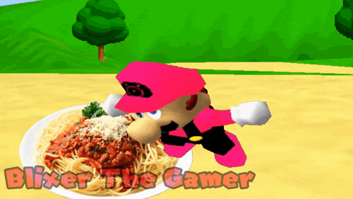 a picture of a video game character eating spaghetti with the words blixer the gamer on the bottom