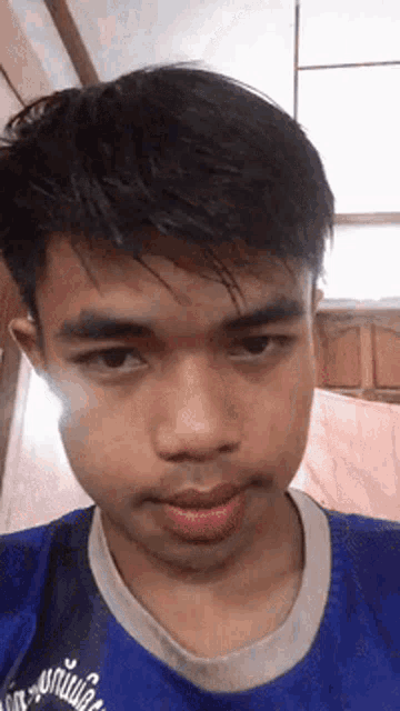 a young man with a mustache is wearing a blue shirt .