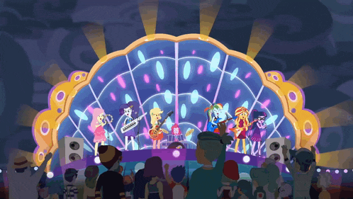 a cartoon drawing of a band on stage with a crowd in the background