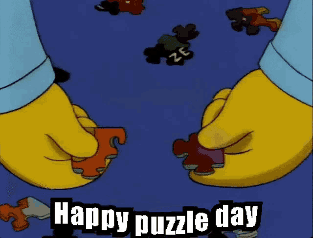 a cartoon of a person putting puzzle pieces together with the words happy puzzle day above them