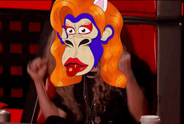 a woman with a monkey mask on her face