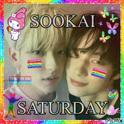 a picture of two boys with rainbow stickers on their faces and the words sookai saturday