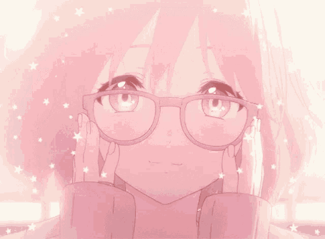 a close up of a girl wearing glasses with stars coming out of her eyes .
